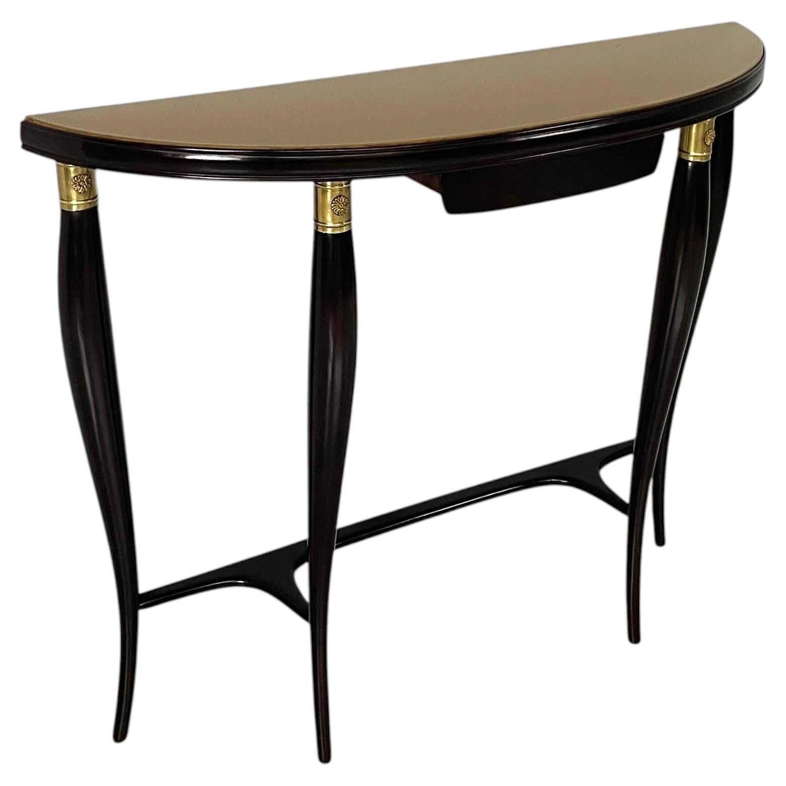 Italian mid-century modern wall console in wood, brass and yellow glass, 1940s