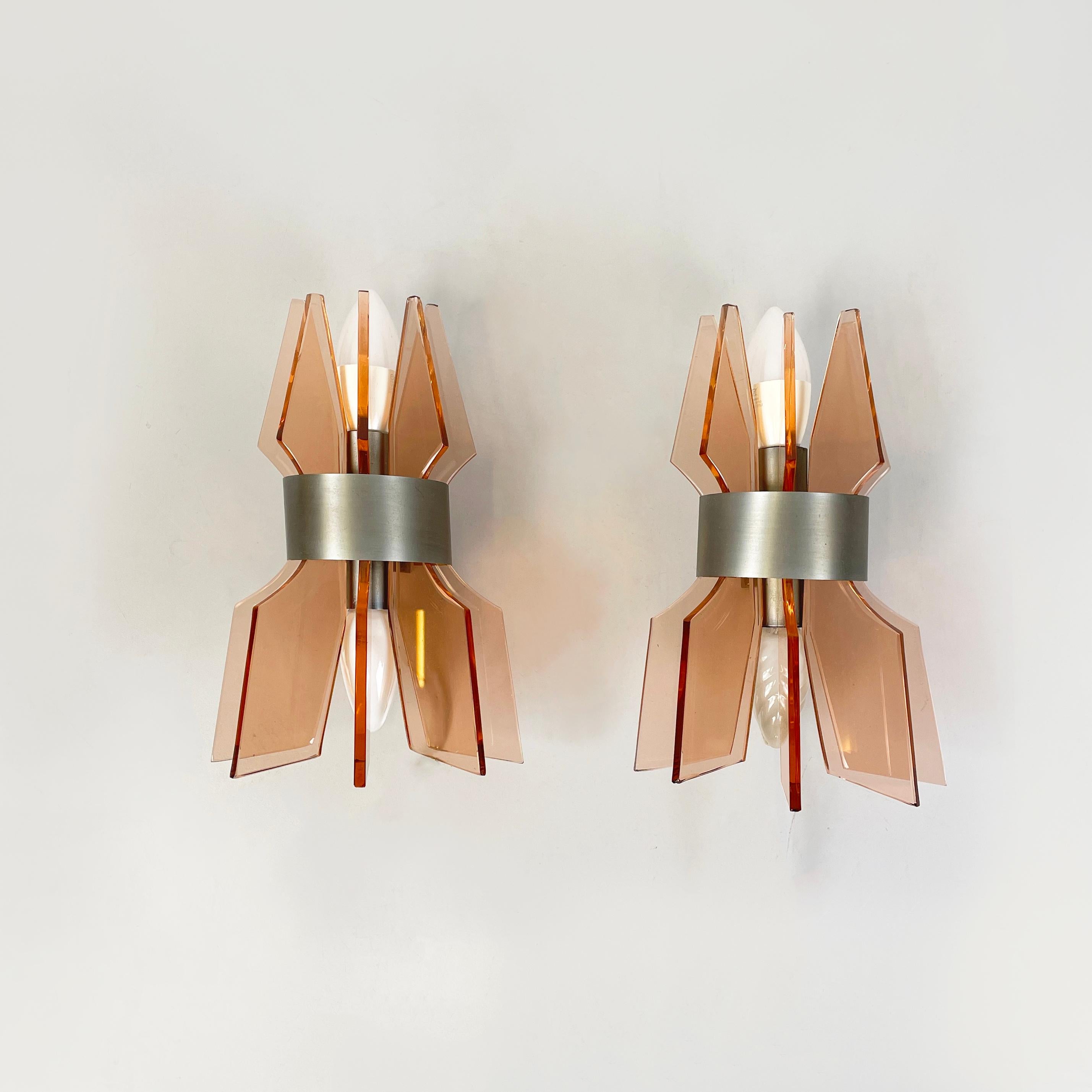 Mid-20th Century Italian mid-century modern Wall lamps in peach pink glass and metal, 1960s