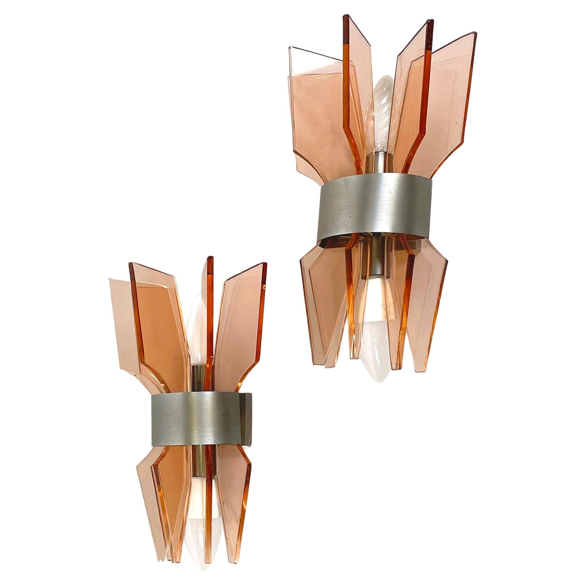 Italian mid-century modern Wall lamps in peach pink glass and metal, 1960s