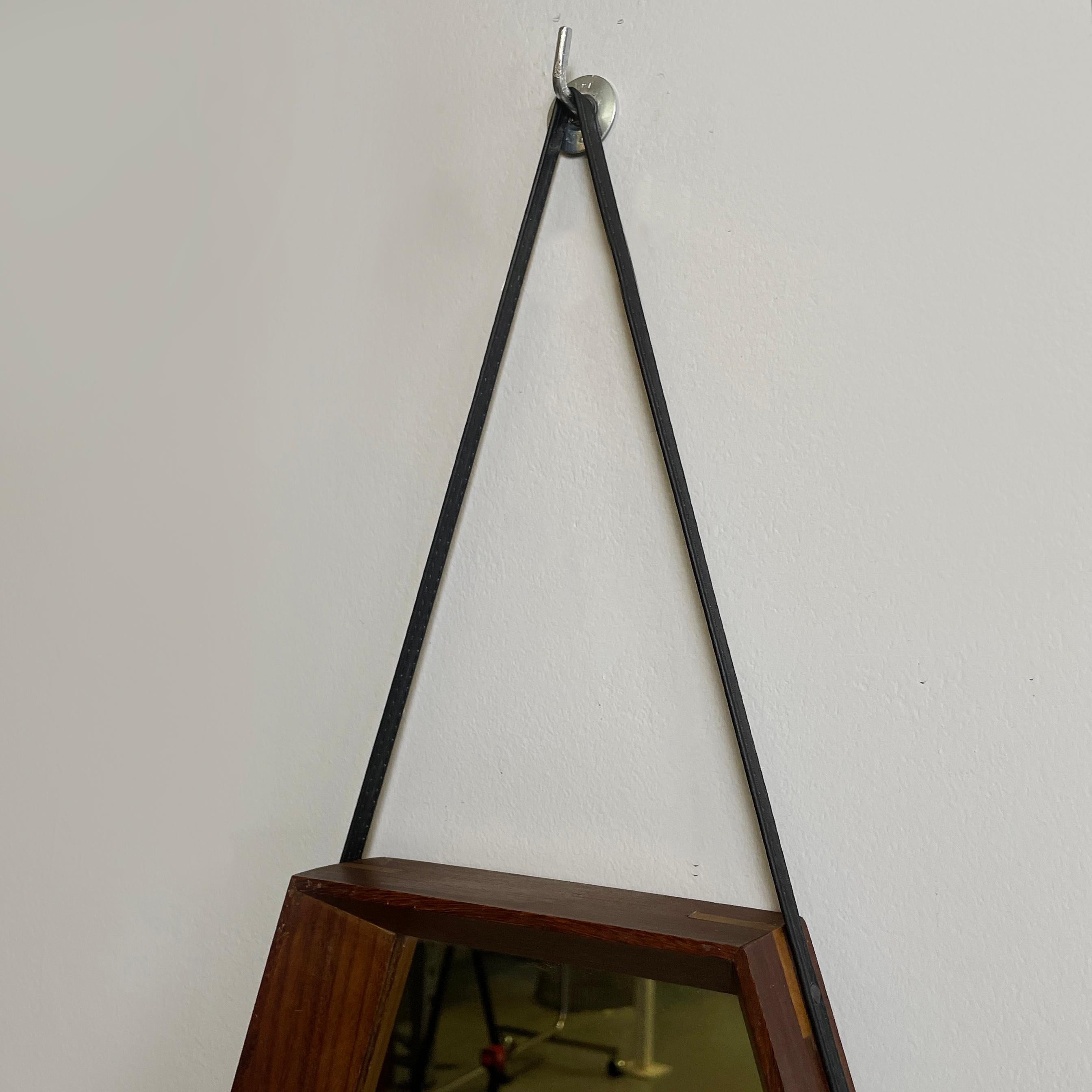 Leather Italian mid-century modern Wall mirror in wood and black leather, 1960s For Sale