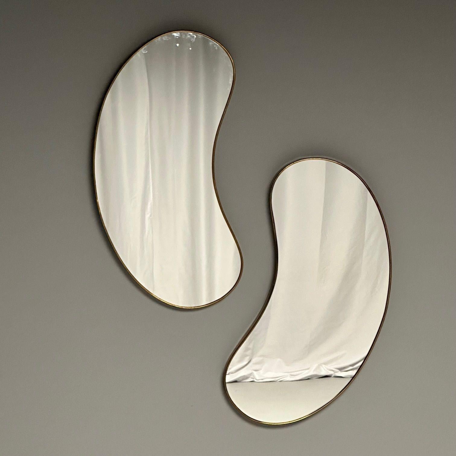 Italian Mid-Century Modern, Console or Pier Mirrors, Organic Form, Boomerang, Patinated Brass, Italy, 1950s

Rare pair of Italian modernist mirrors designed and produced in Italy in the middle of the 20th century. Each example features an informal