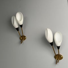 Italian Mid-Century Modern, Wall Sconces, Brass, Opaline Glass, Italy, 1950s
