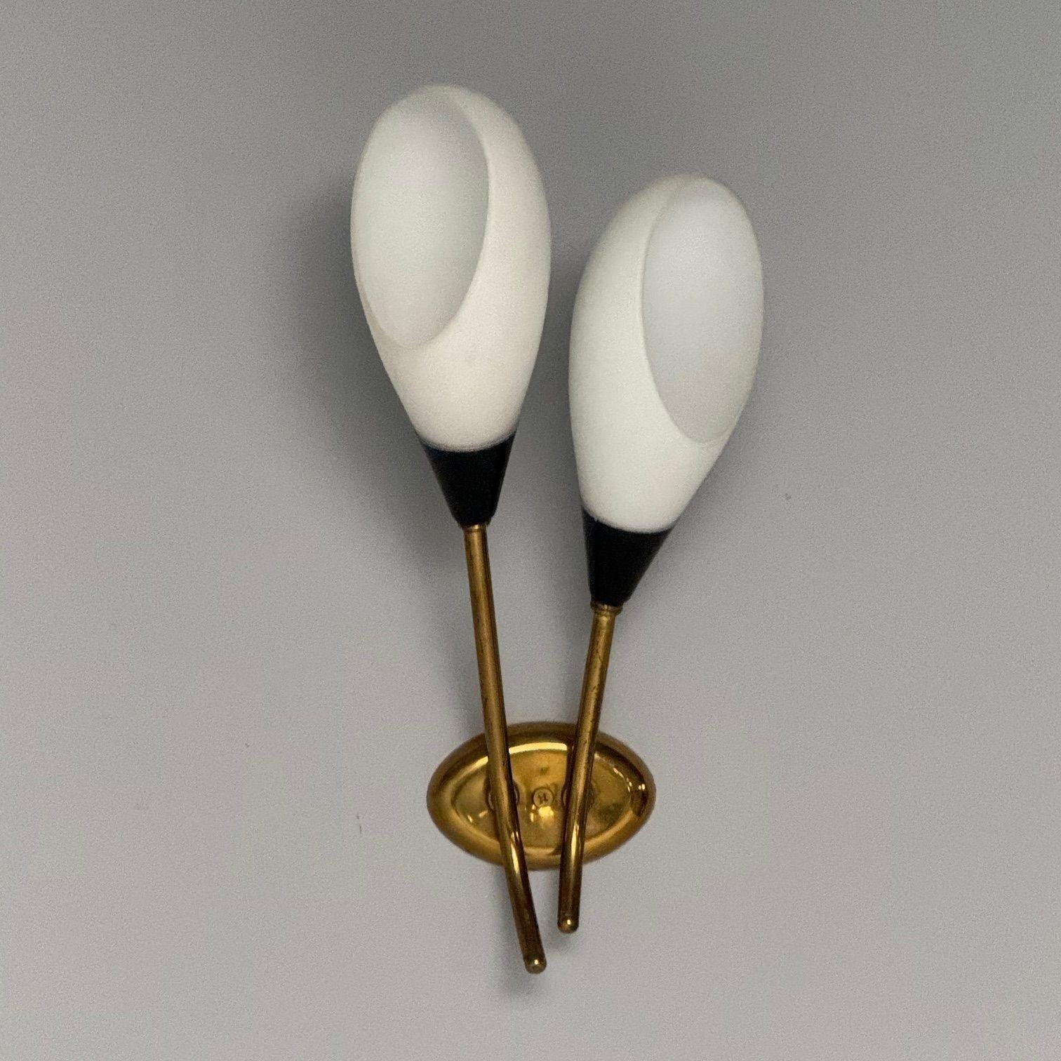 Mid-20th Century Italian Mid-Century Modern, Wall Sconces, Brass, Opaline Glass, Italy, 1950s For Sale