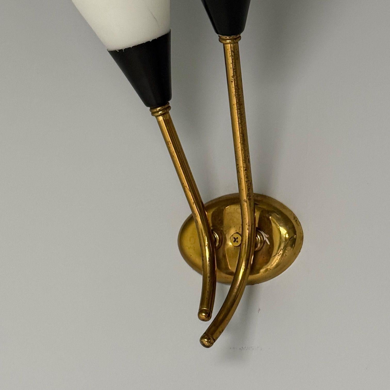 Italian Mid-Century Modern, Wall Sconces, Brass, Opaline Glass, Italy, 1950s For Sale 5