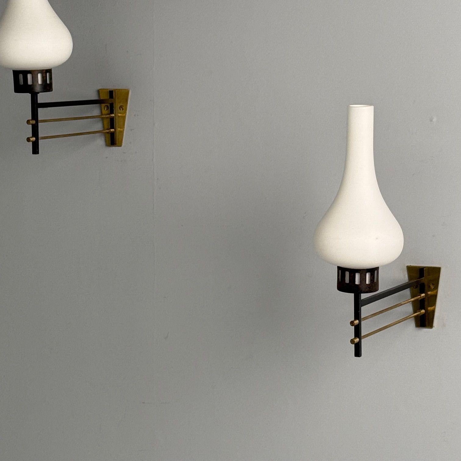 Mid-20th Century Italian Mid-Century Modern, Wall Sconces, Patinated Brass, Opaline Glass, 1950s For Sale