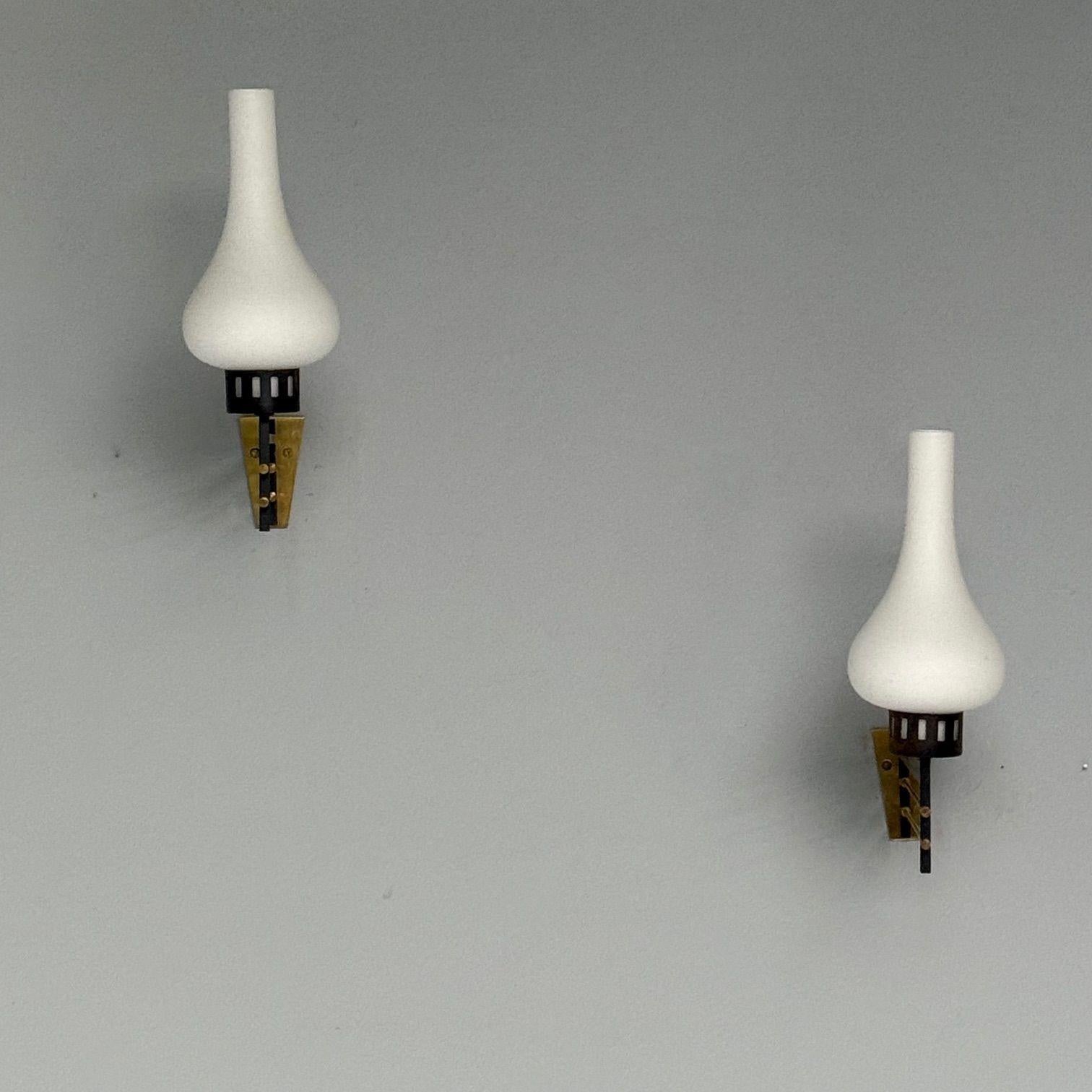 Metal Italian Mid-Century Modern, Wall Sconces, Patinated Brass, Opaline Glass, 1950s For Sale