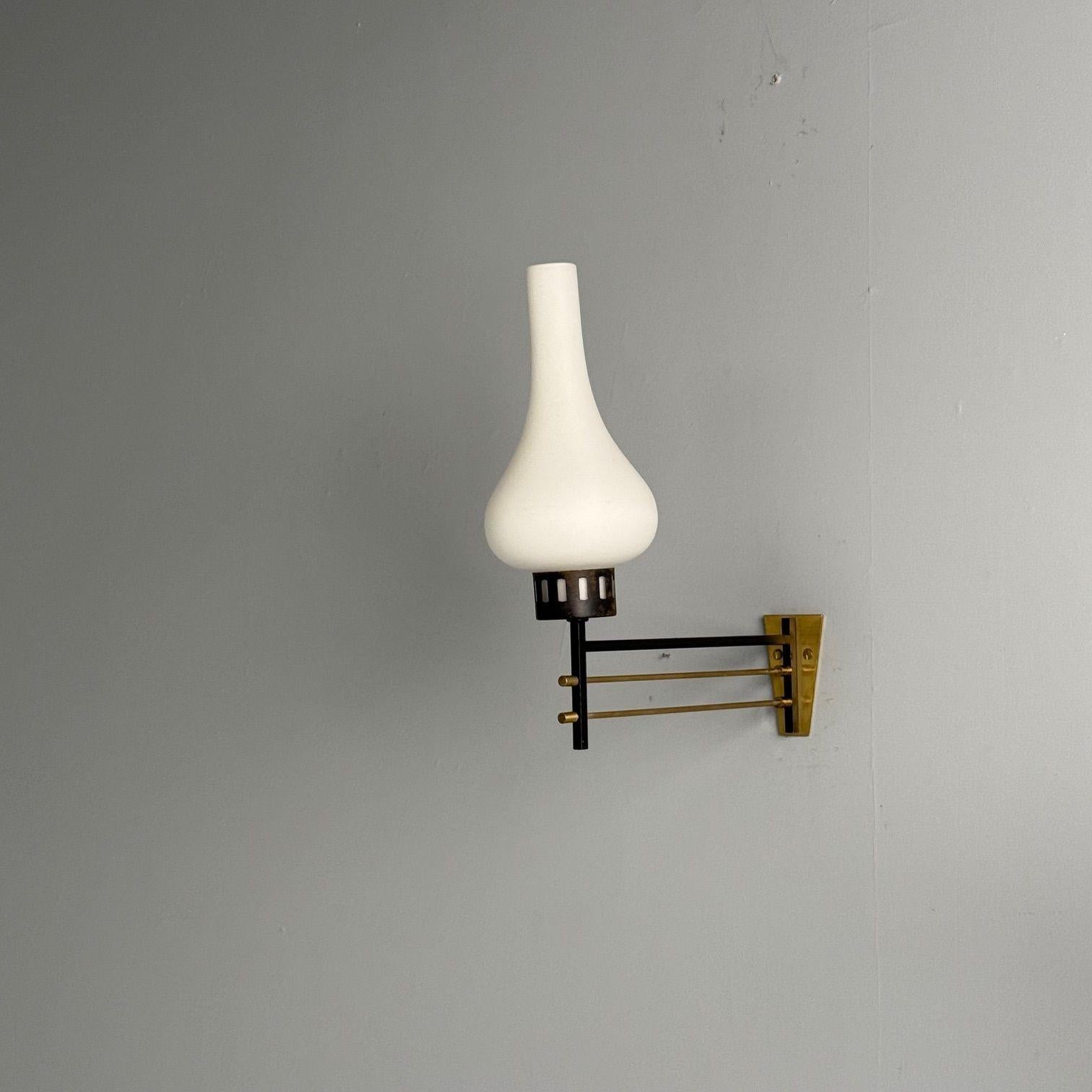Italian Mid-Century Modern, Wall Sconces, Patinated Brass, Opaline Glass, 1950s For Sale 1