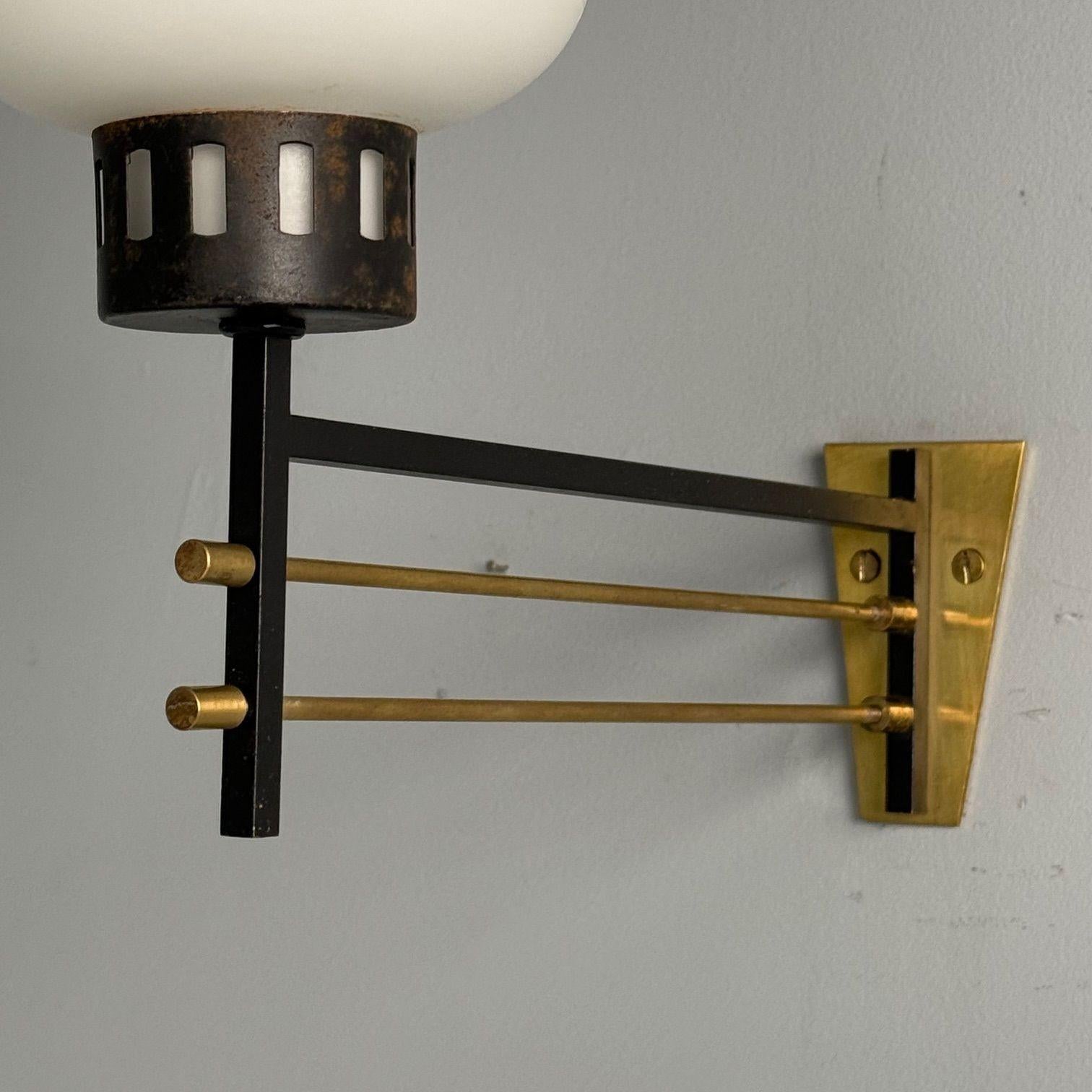 Italian Mid-Century Modern, Wall Sconces, Patinated Brass, Opaline Glass, 1950s For Sale 2