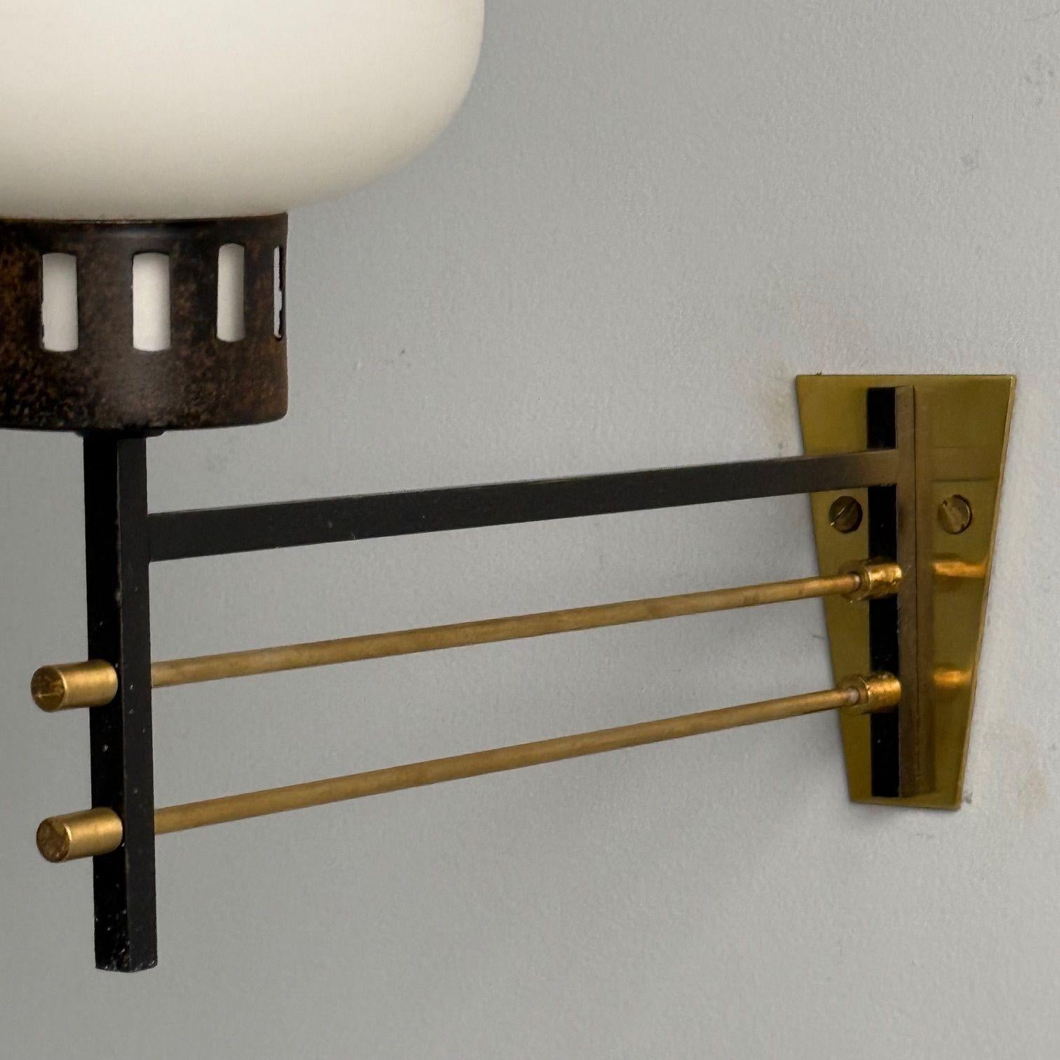 Italian Mid-Century Modern, Wall Sconces, Patinated Brass, Opaline Glass, 1950s For Sale 3