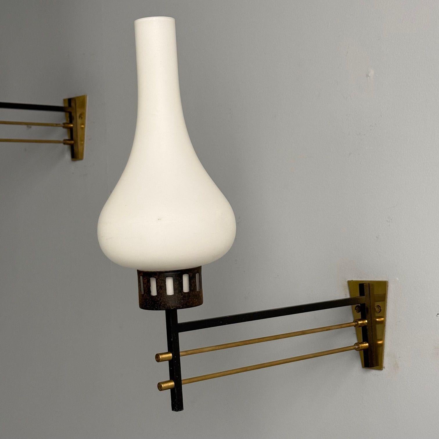 Italian Mid-Century Modern, Wall Sconces, Patinated Brass, Opaline Glass, 1950s For Sale 4