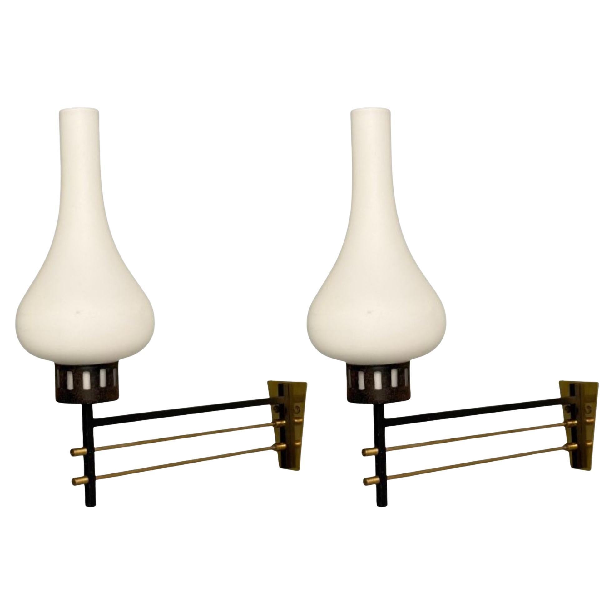 Italian Mid-Century Modern, Wall Sconces, Patinated Brass, Opaline Glass, 1950s