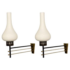 Vintage Italian Mid-Century Modern, Wall Sconces, Patinated Brass, Opaline Glass, 1950s