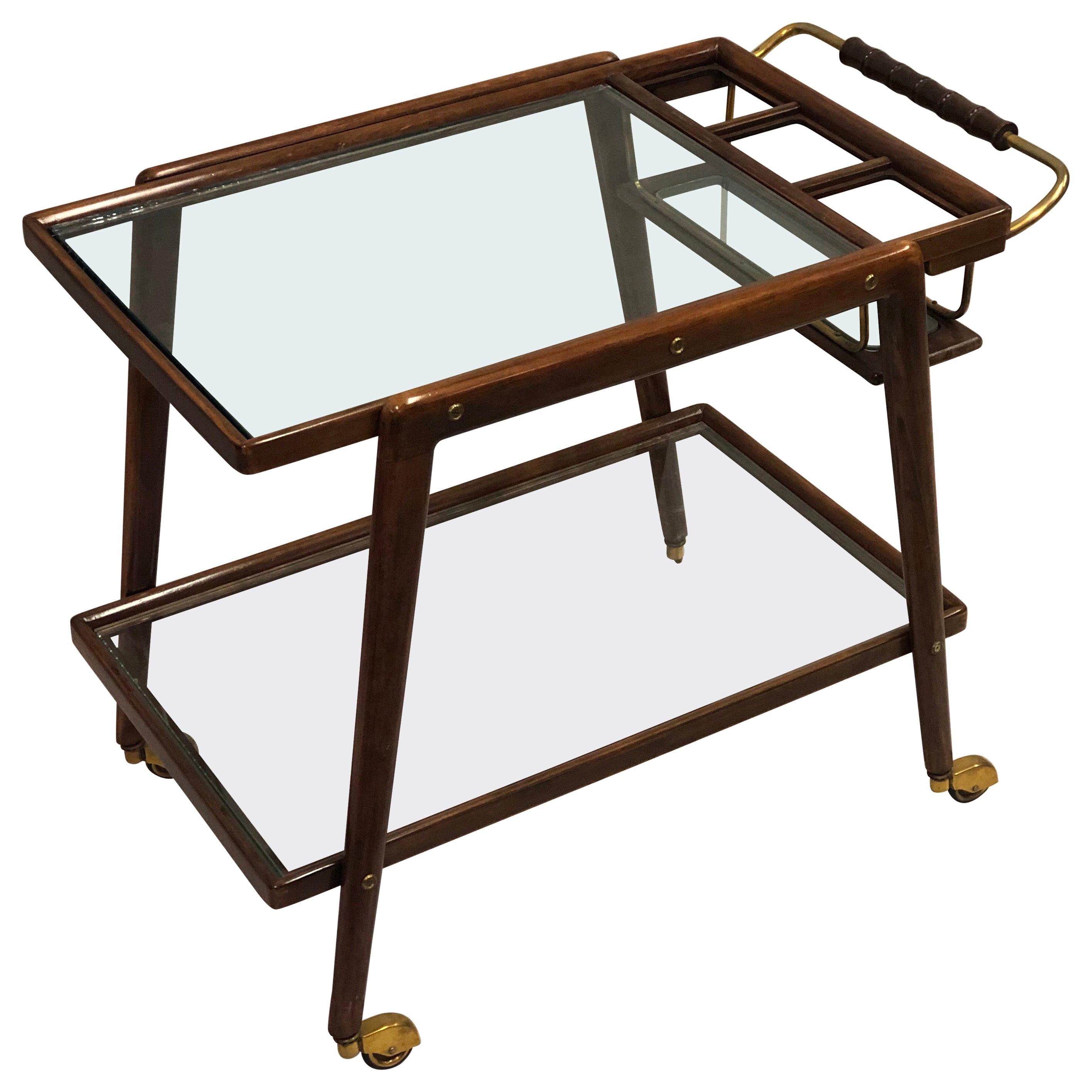 Italian Mid-Century Modern Walnut and Glass Bar Cart by Cesare Lacca