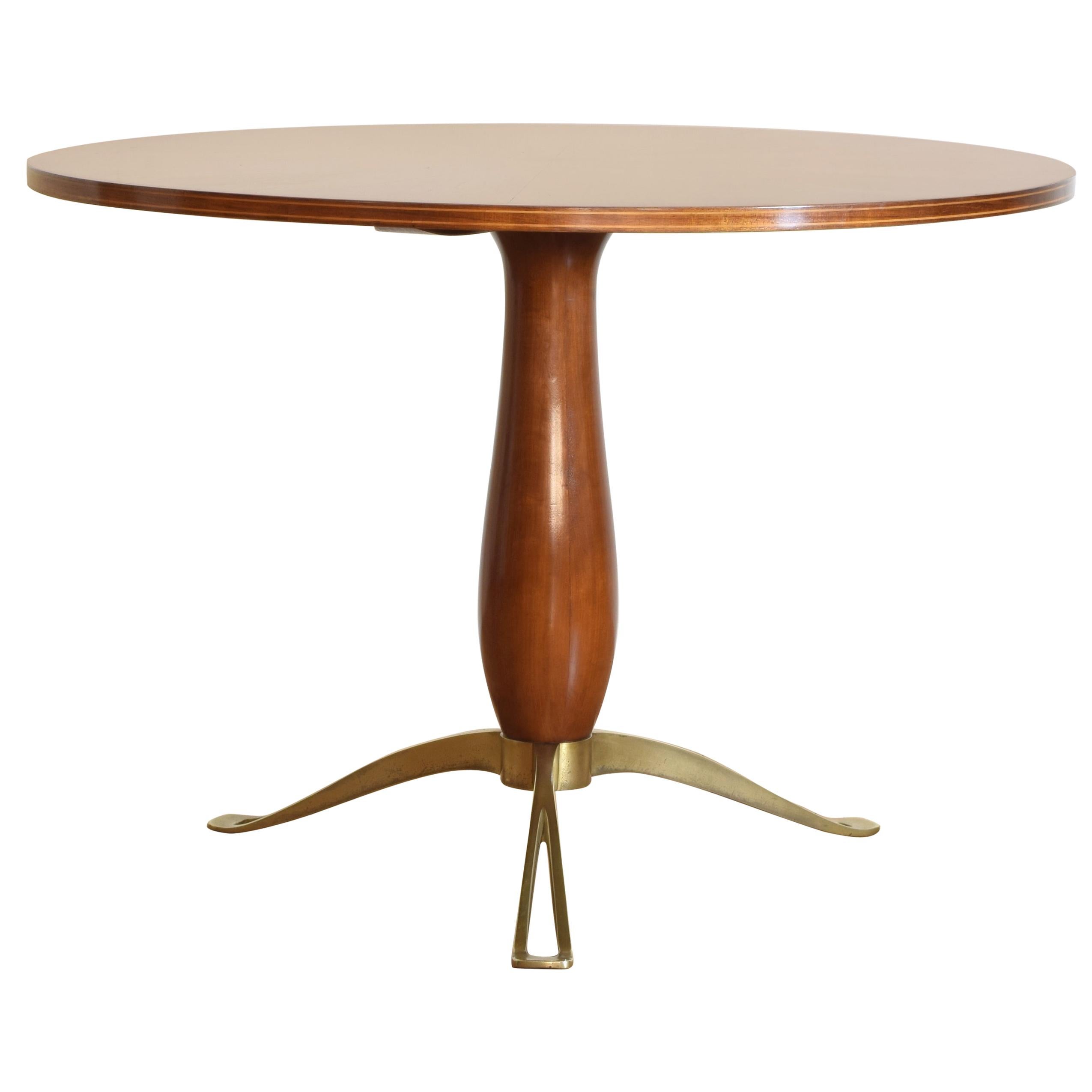 Italian Mid-Century Modern Walnut Center/Dining Table, Shaped Brass Supports