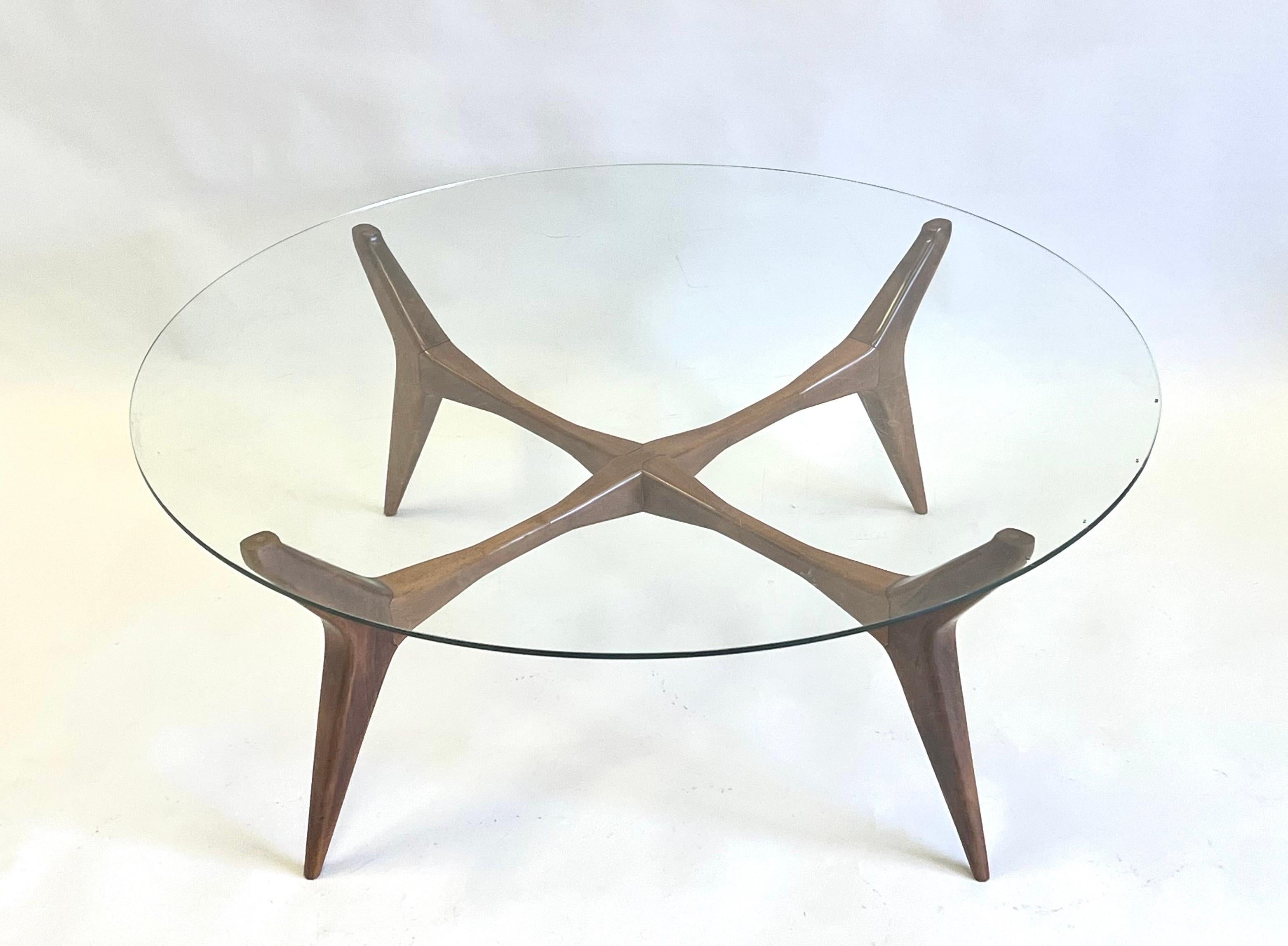 Hand-Carved Italian Mid-Century Modern Walnut & Glass Circular Coffee Table by Gio Ponti  For Sale