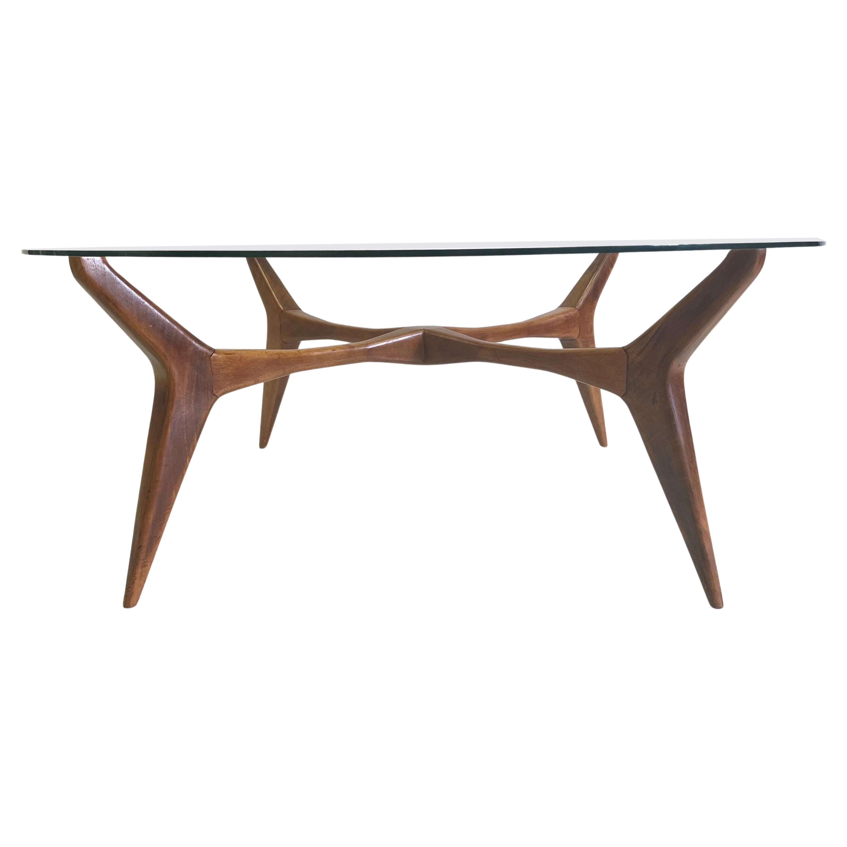 Italian Mid-Century Modern Walnut & Glass Circular Coffee Table by Gio Ponti