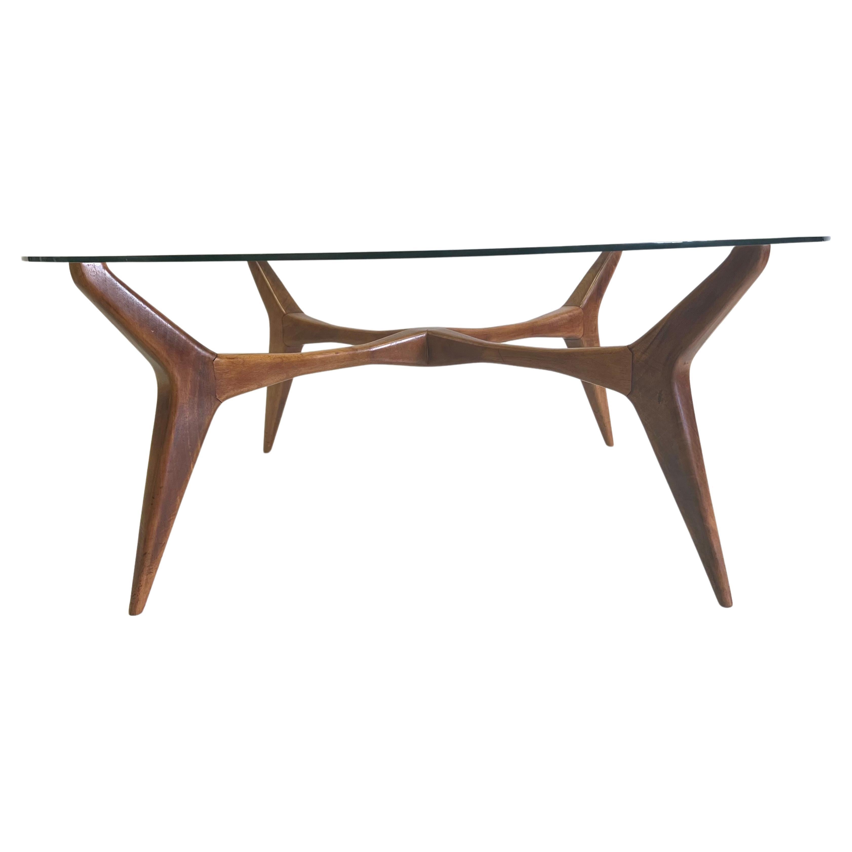 Table basse circulaire en noyer et verre de Gio Ponti, modernité italienne du milieu du siècle dernier 