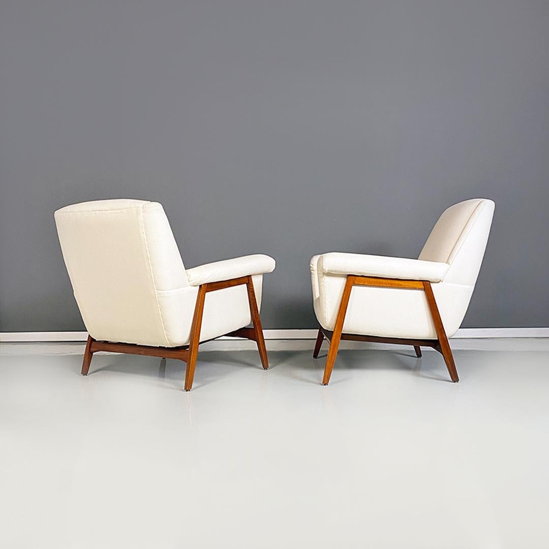 Mid-Century Modern Italian mid century modern white cotton and solid beech pair of armchairs, 1960s For Sale