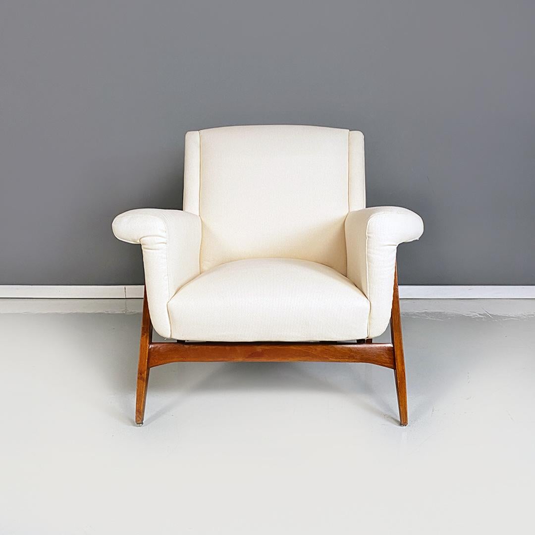 Cotton Italian mid century modern white cotton and solid beech pair of armchairs, 1960s For Sale