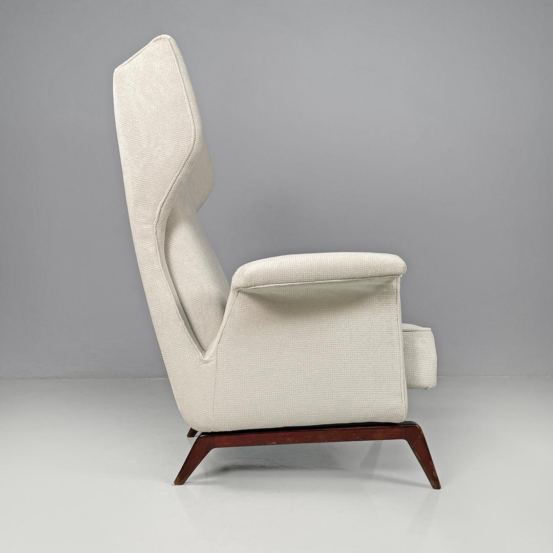 Fabric Italian mid-century modern white fabric and wood armchair with headrests, 1950s For Sale