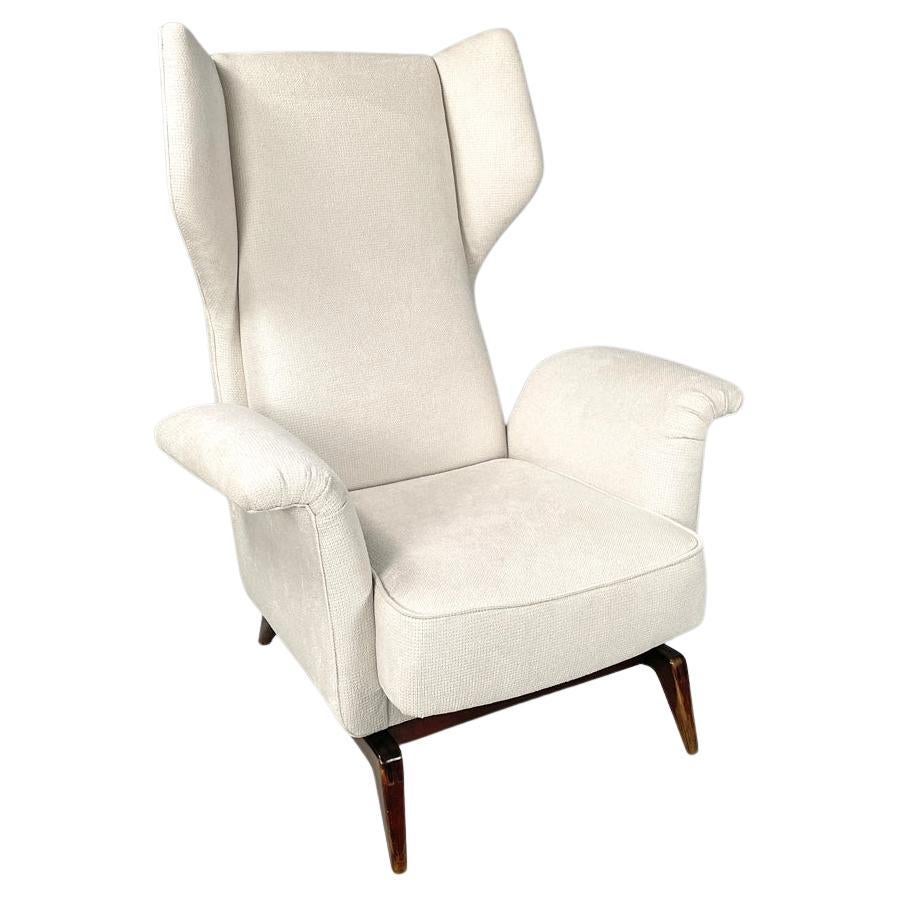 Italian mid-century modern white fabric and wood armchair with headrests, 1950s
