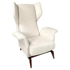Italian mid-century modern white fabric and wood armchair with headrests, 1950s
