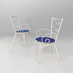 Italian mid century modern white iron garden chairs with blue pillows, 1960