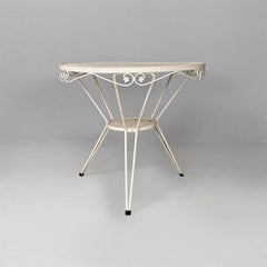 Italian mid century modern white iron round garden table with flower decor, 1960