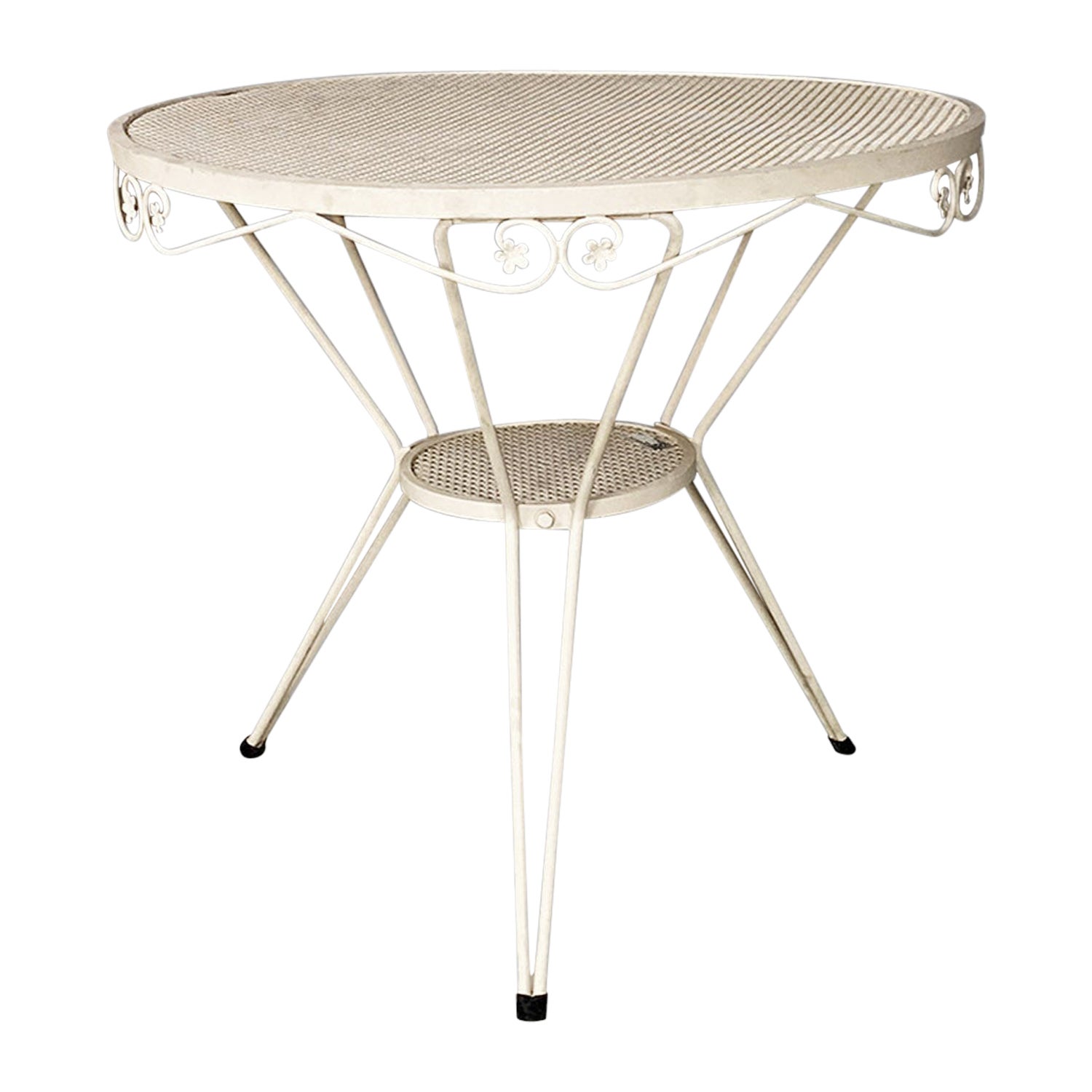 Italian mid century modern white iron round garden table with flower decor, 1960