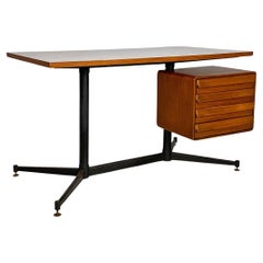 Used Italian mid-century modern white laminate, metal and wood desk with drawers 1960