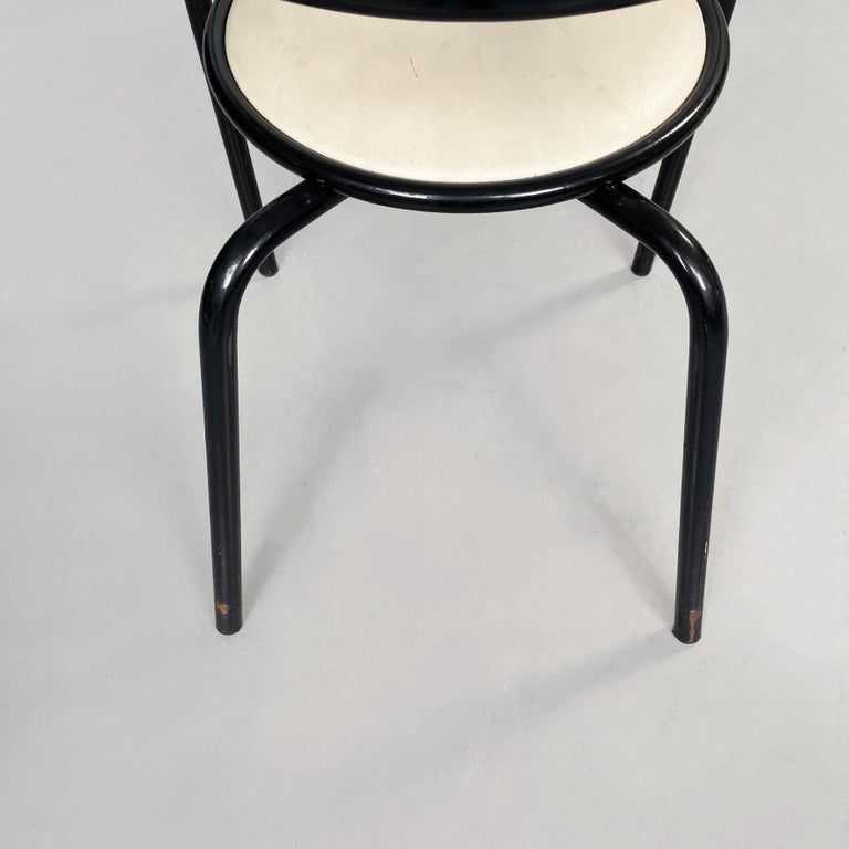 Italian Mid-Century Modern White Leather and Black Metal Round Chairs, 1980s For Sale 13