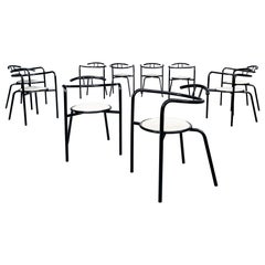 Italian Mid-Century Modern White Leather and Black Metal Round Chairs, 1980s
