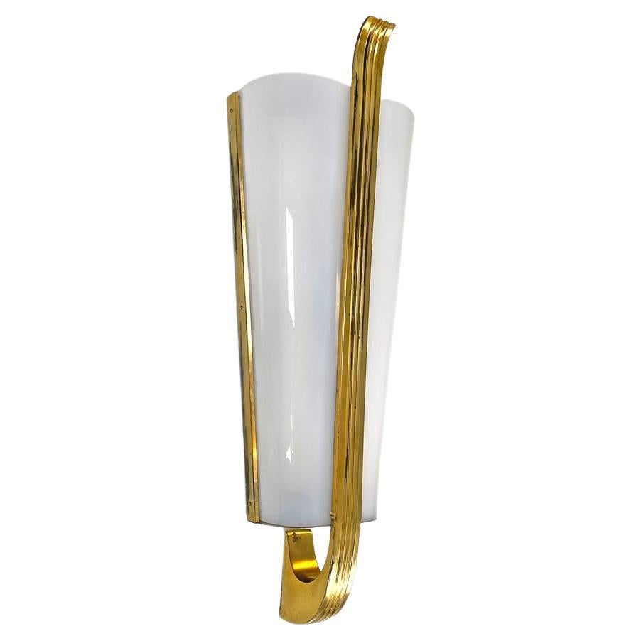 Italian mid-century modern white plexiglass and gold metal applique, 1950s For Sale
