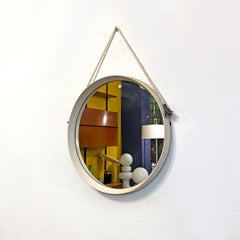 Italian Mid-Century Modern White Teak Rope and Leather Round Frame Mirror, 1960s