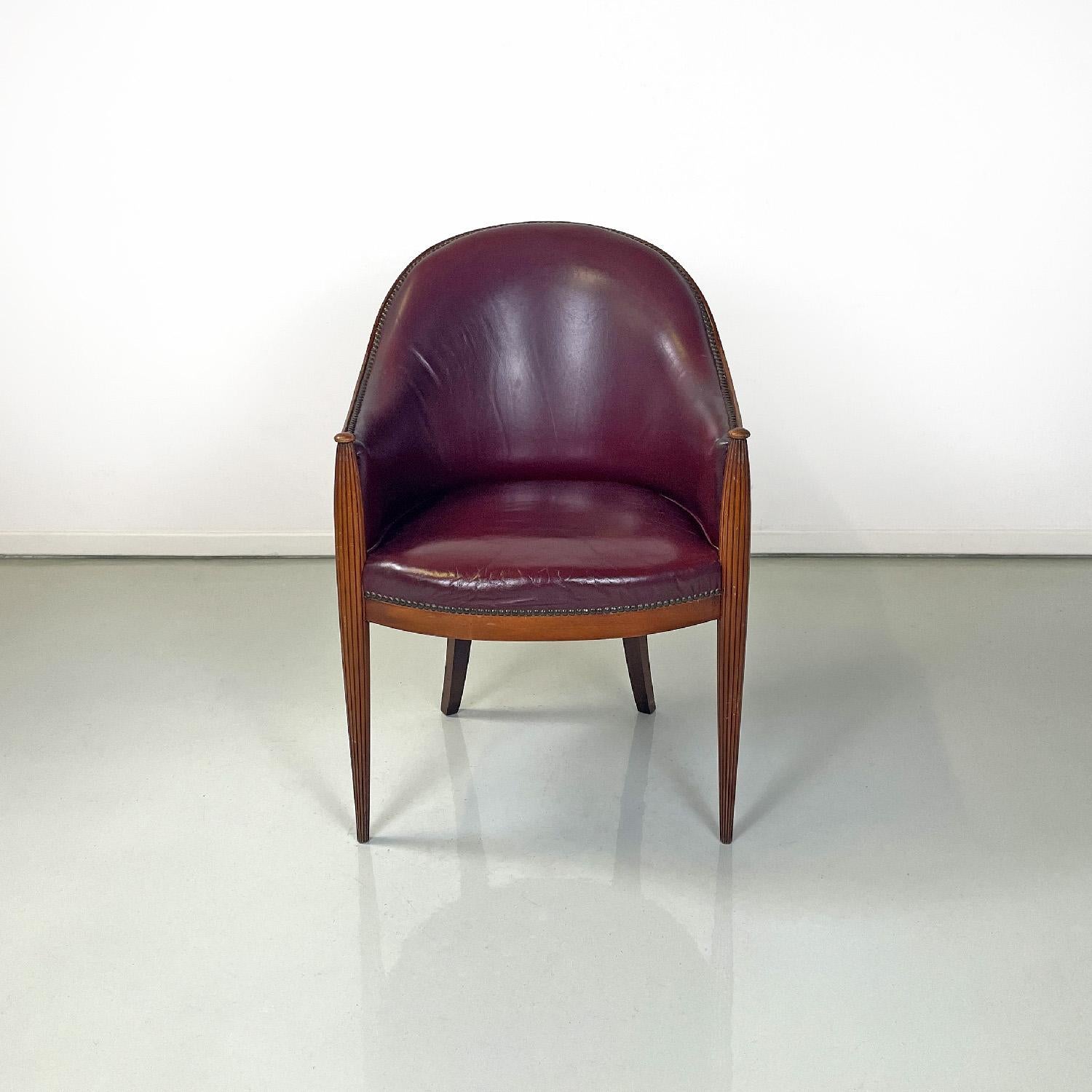 Mid-Century Modern Italian mid-century modern wine-colored leather armchair with studs, 1950s For Sale