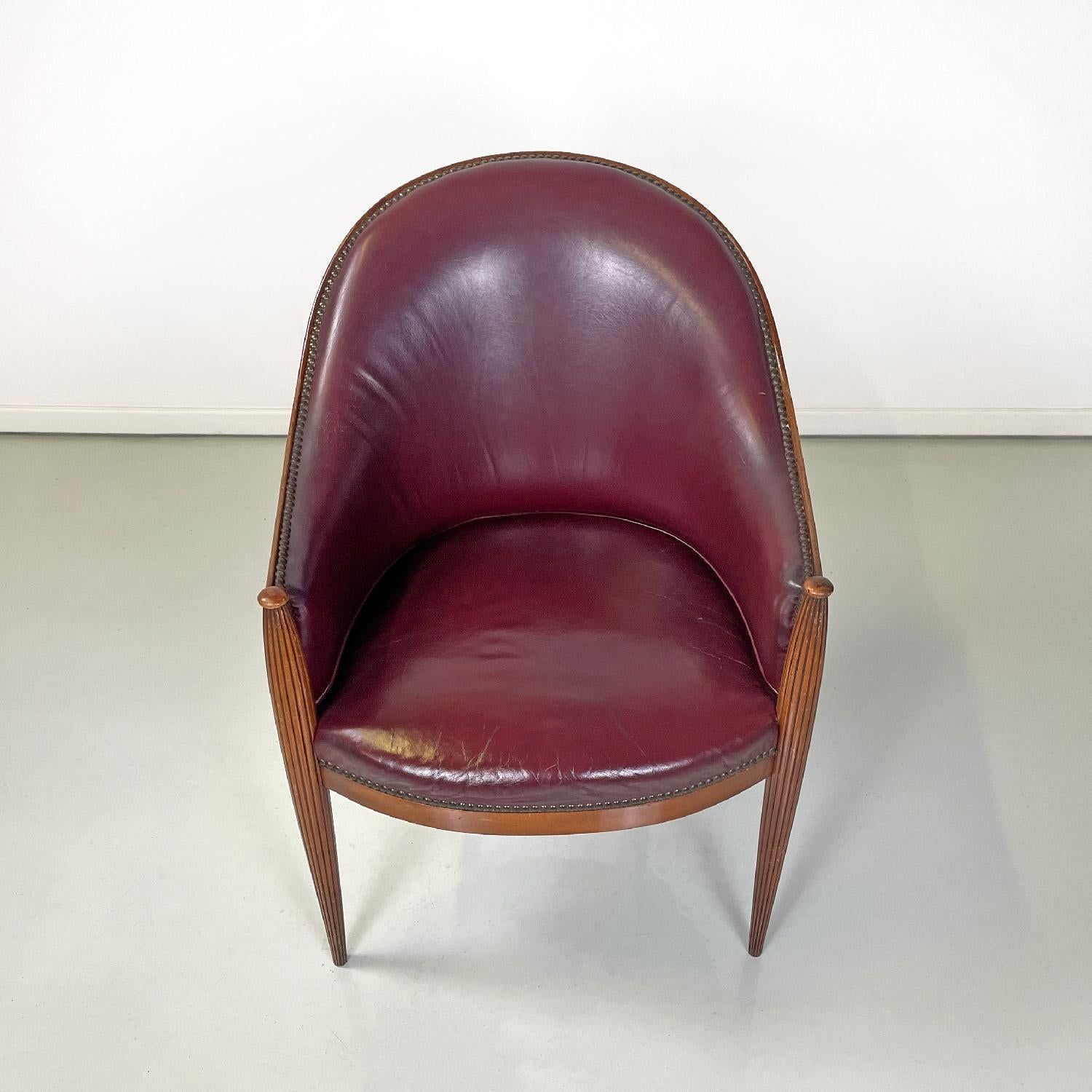Mid-20th Century Italian mid-century modern wine-colored leather armchair with studs, 1950s For Sale