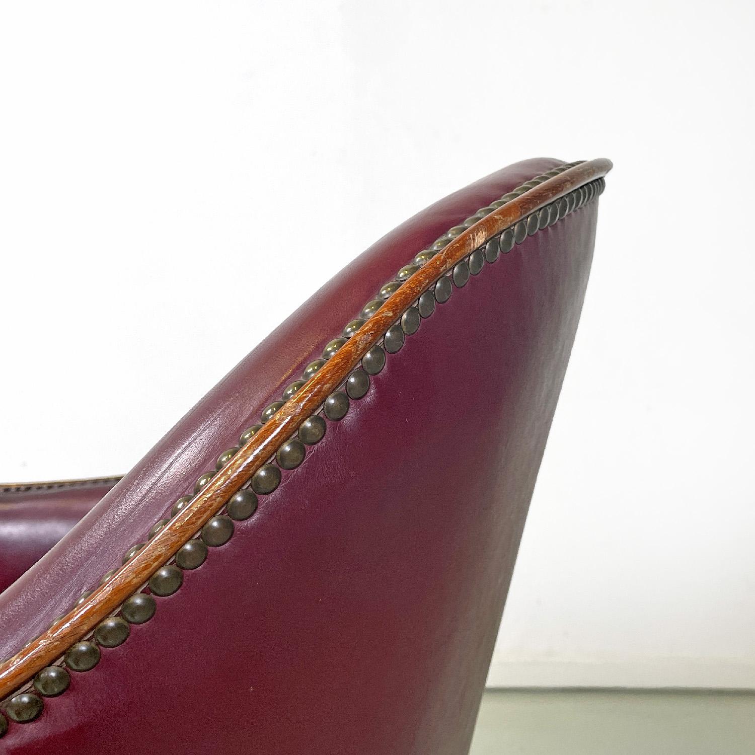 Brass Italian mid-century modern wine-colored leather armchair with studs, 1950s For Sale