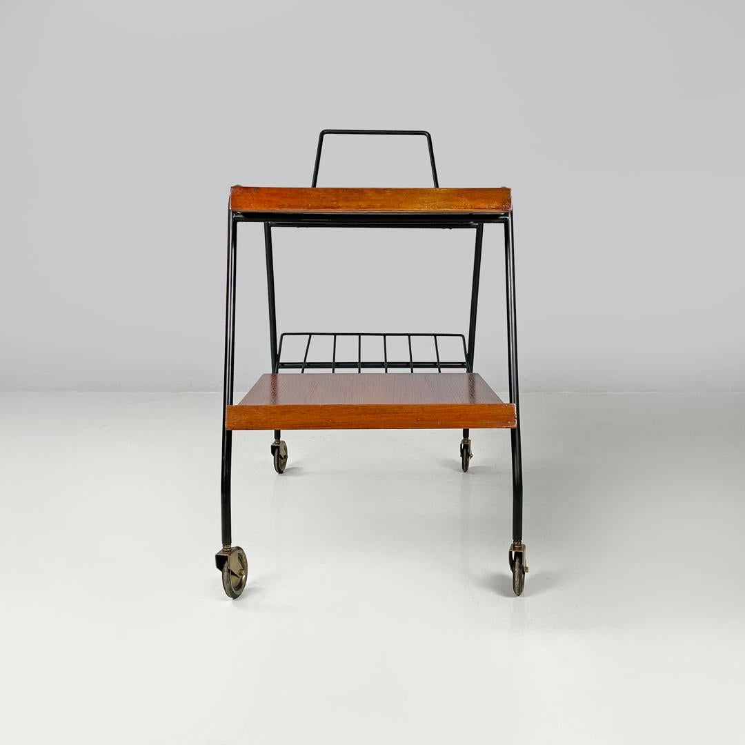 Italian mid-century modern wood and black metal trolley with brass wheels, 1960s For Sale 4