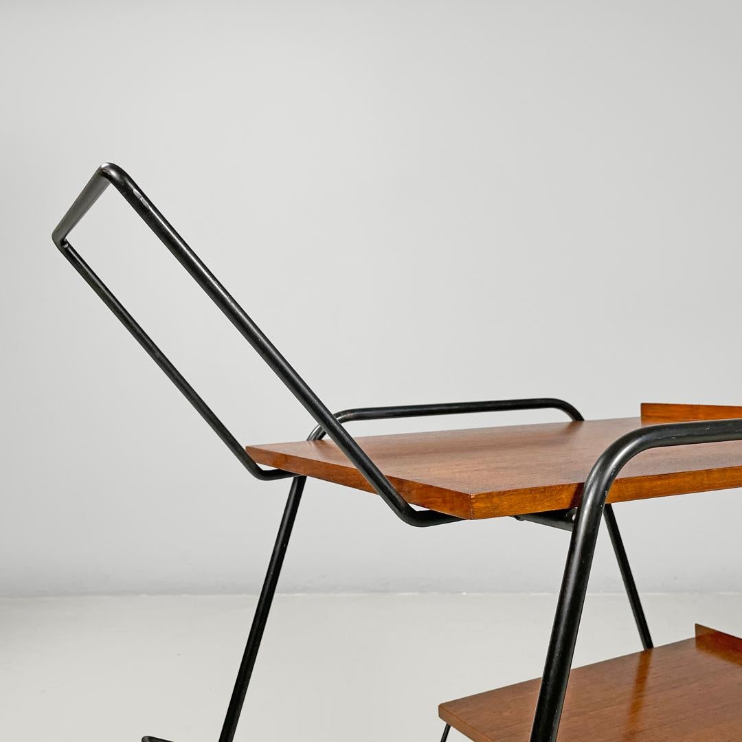 Italian mid-century modern wood and black metal trolley with brass wheels, 1960s For Sale 5