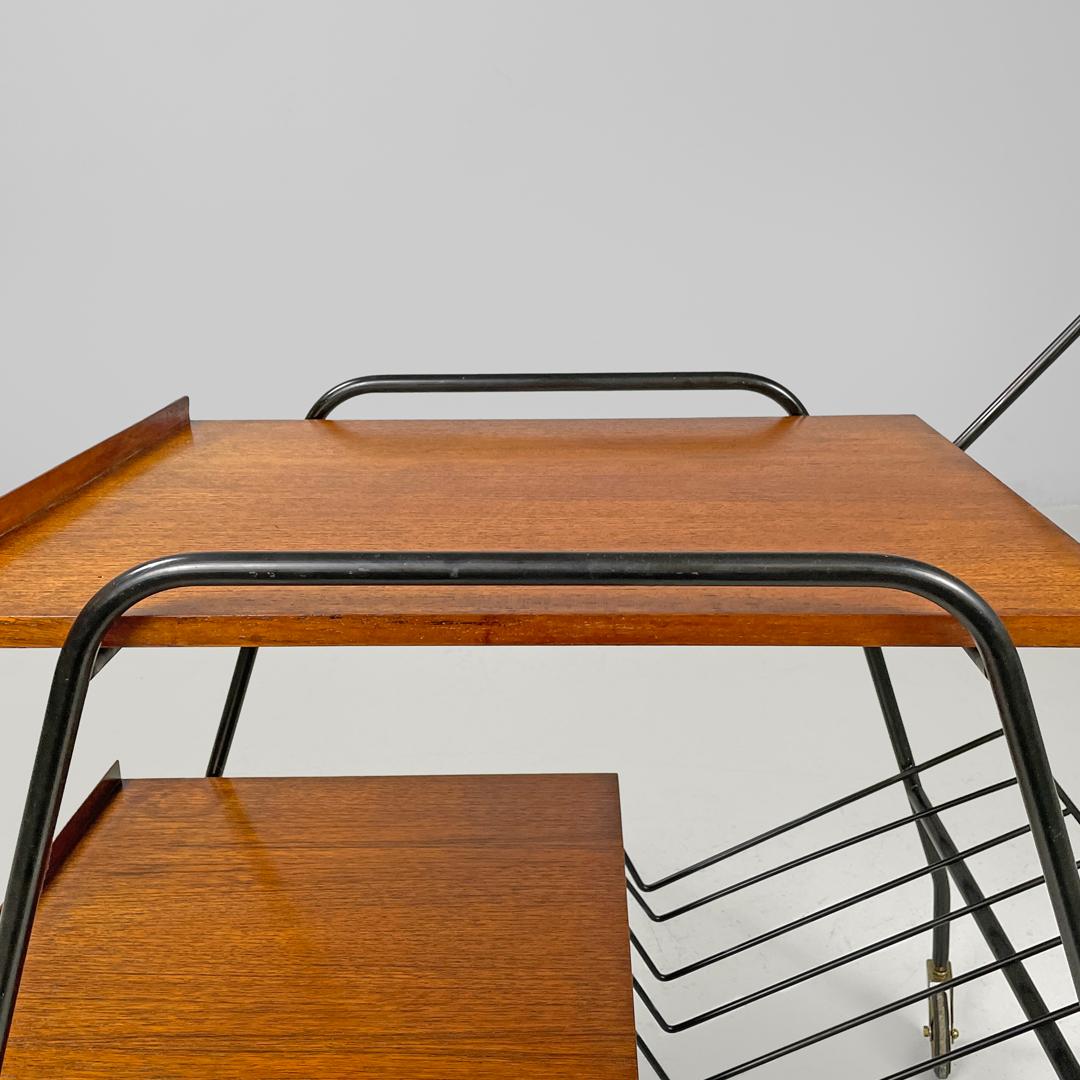 Italian mid-century modern wood and black metal trolley with brass wheels, 1960s For Sale 6