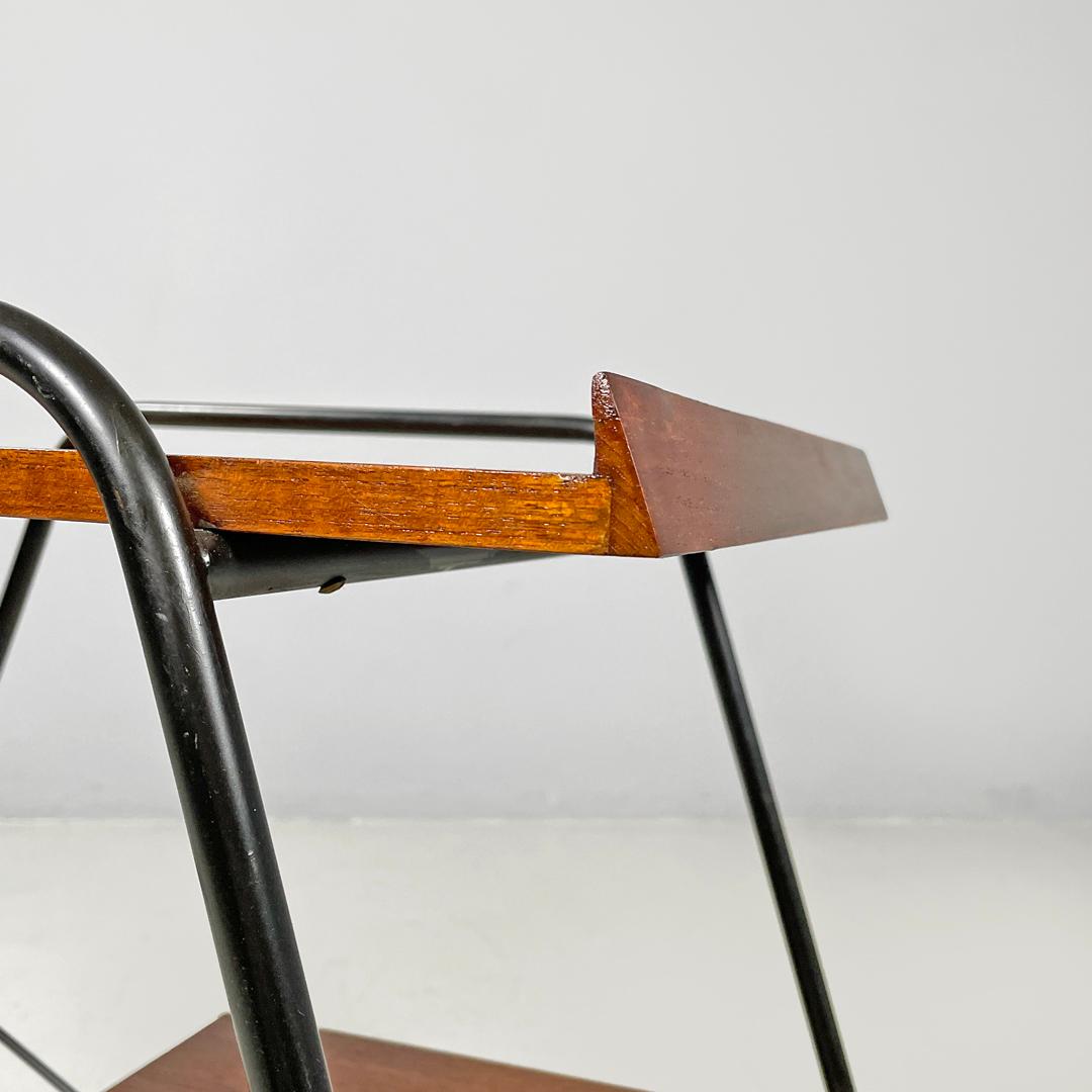 Italian mid-century modern wood and black metal trolley with brass wheels, 1960s For Sale 7