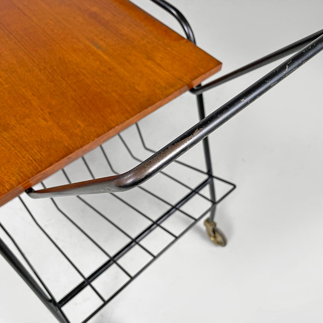 Italian mid-century modern wood and black metal trolley with brass wheels, 1960s For Sale 9