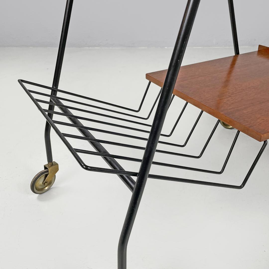 Italian mid-century modern wood and black metal trolley with brass wheels, 1960s For Sale 10