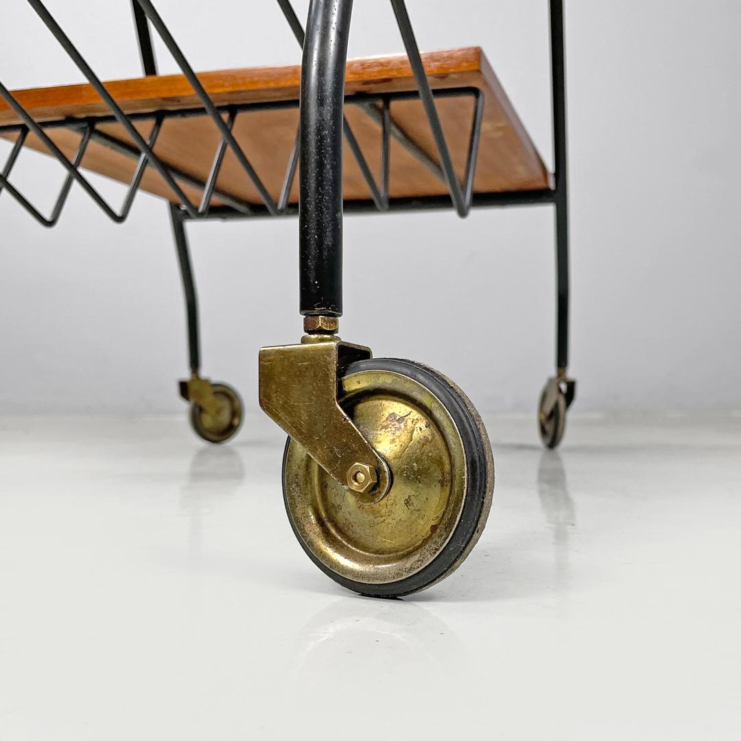 Italian mid-century modern wood and black metal trolley with brass wheels, 1960s For Sale 11