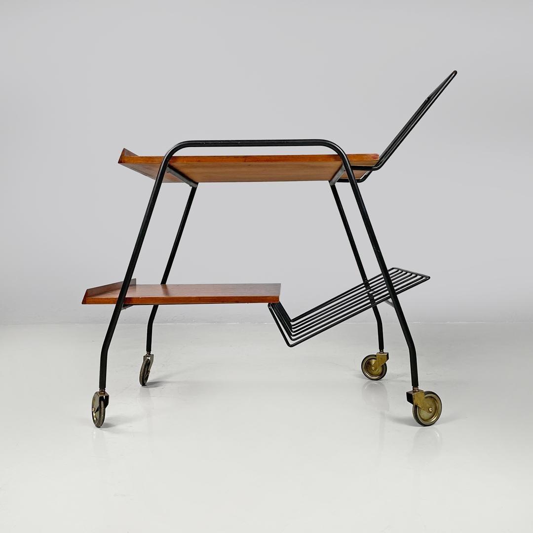 Mid-Century Modern Italian mid-century modern wood and black metal trolley with brass wheels, 1960s For Sale