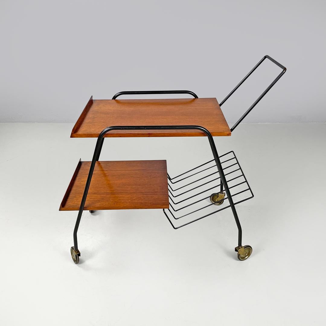 Mid-20th Century Italian mid-century modern wood and black metal trolley with brass wheels, 1960s For Sale