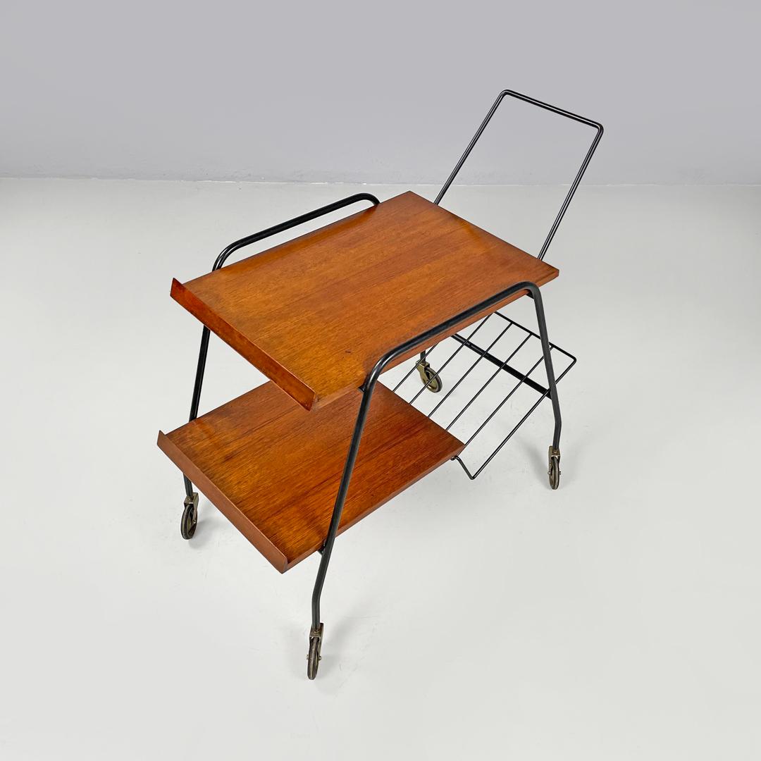 Metal Italian mid-century modern wood and black metal trolley with brass wheels, 1960s For Sale