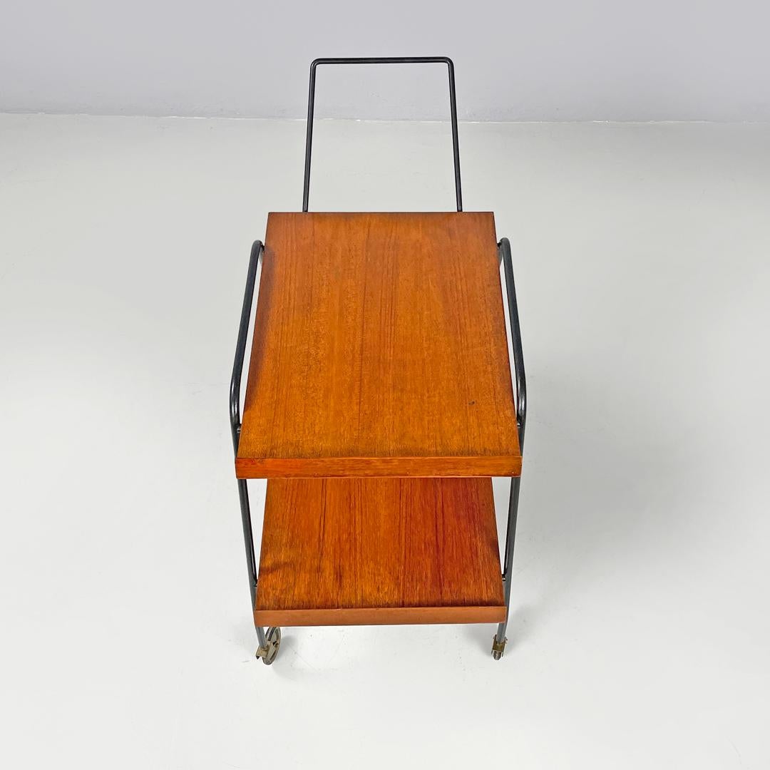Italian mid-century modern wood and black metal trolley with brass wheels, 1960s For Sale 1