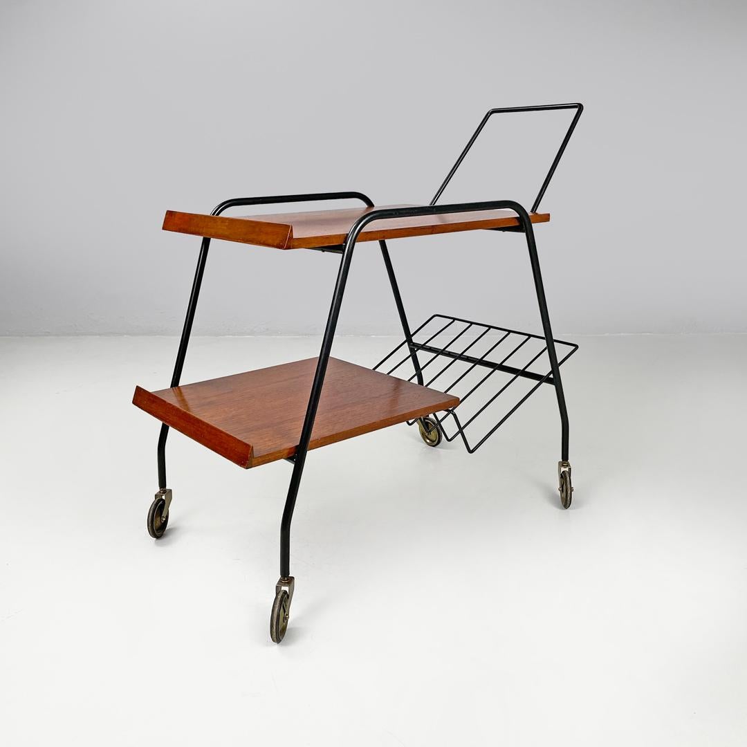 Italian mid-century modern wood and black metal trolley with brass wheels, 1960s For Sale 3