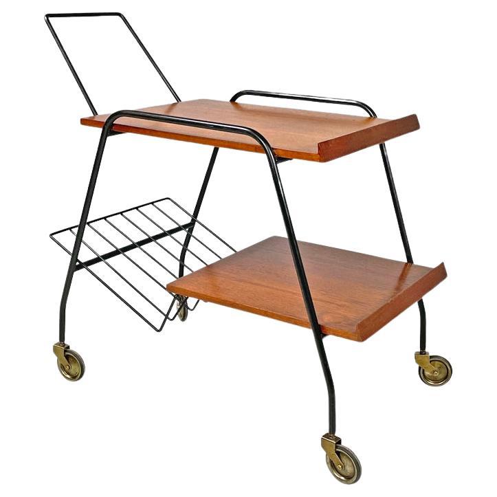 Italian mid-century modern wood and black metal trolley with brass wheels, 1960s